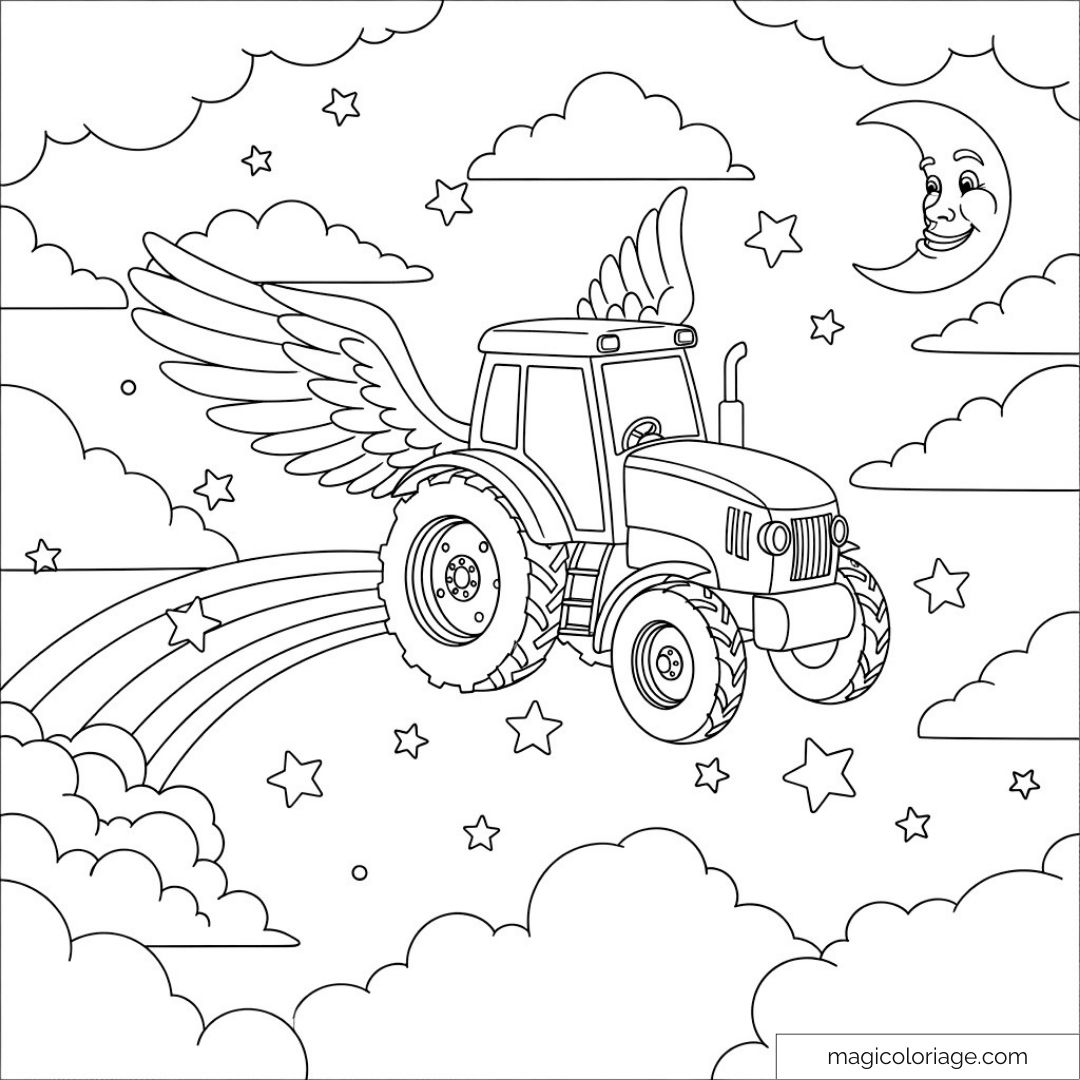 Image d'un tracteur avec des ailes au milieu des étoiles et des nuages.