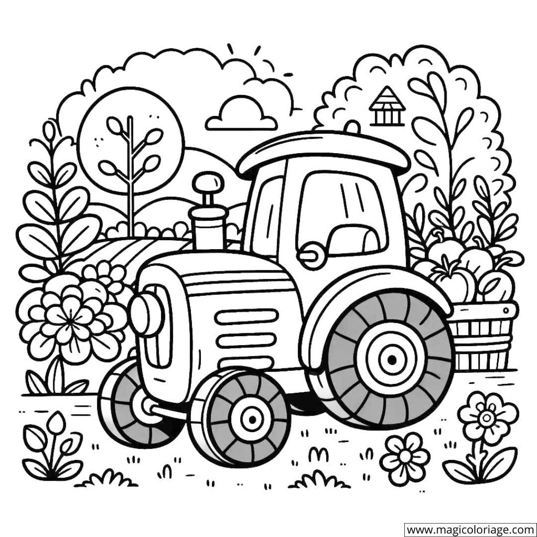Dessin de petit tracteur dans un jardin à colorier pour tout-petits