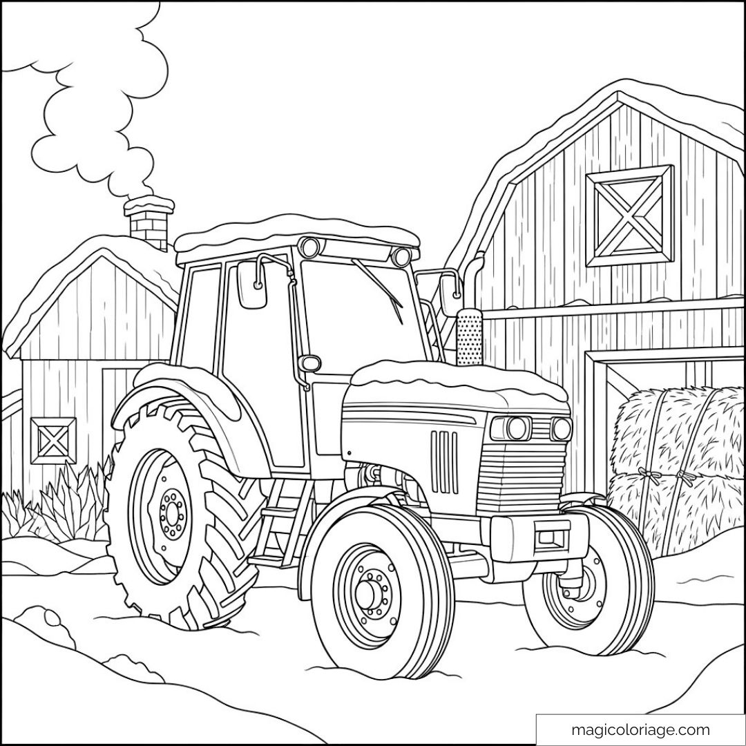 Tracteur enneigé devant une ferme en hiver avec bottes de foin