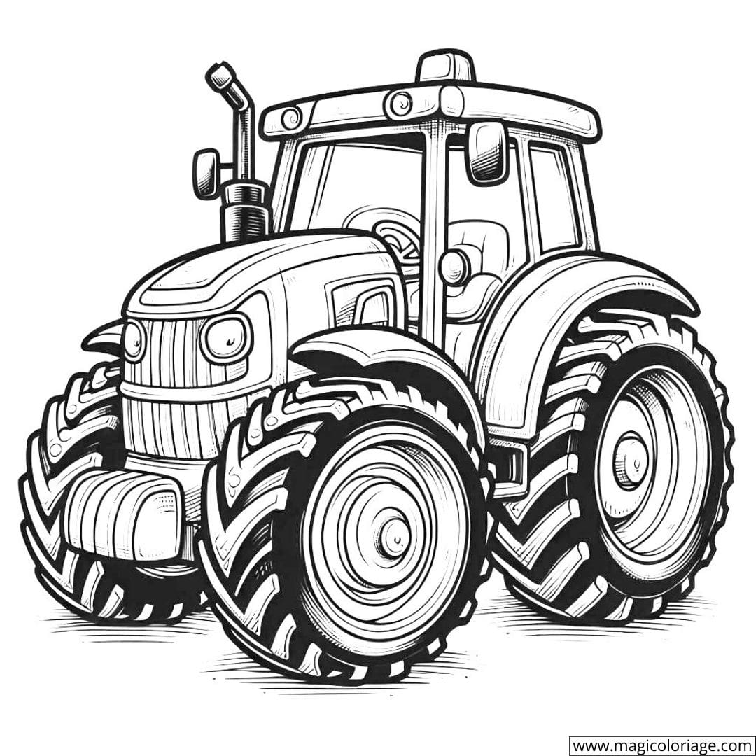 Coloriage d'un tracteur avec une grande roue à l'avant