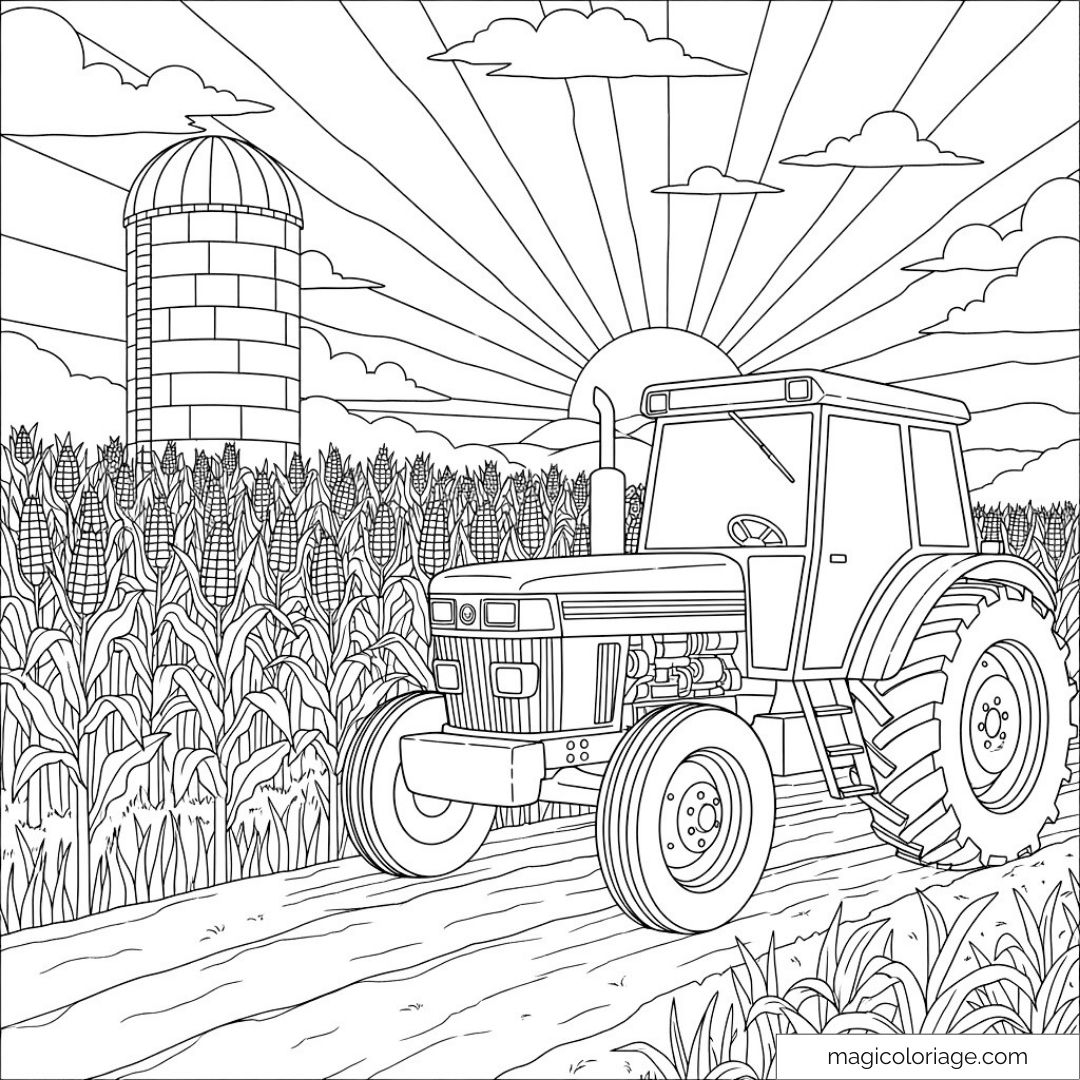 Coloriage de tracteur dans un champ de maïs avec silo