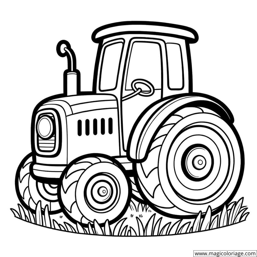 Dessin simple d'un tracteur dans un champ à colorier pour tout-petits