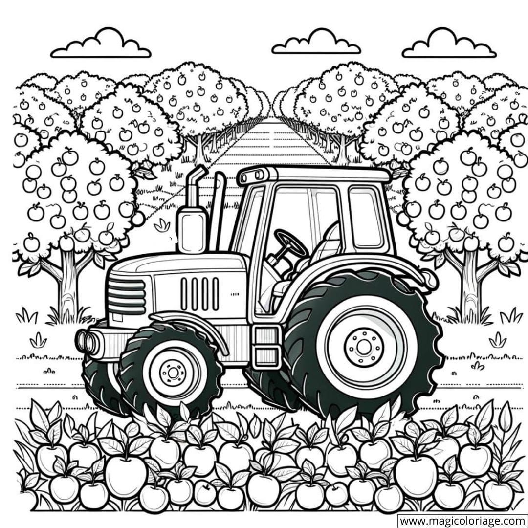 Coloriage d'un tracteur dans un verger de pommes