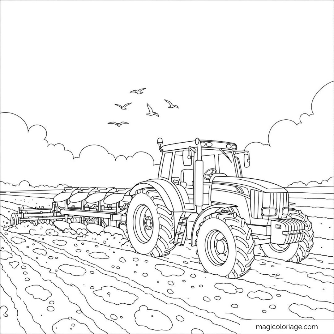 Illustration de tracteur dans un champ avec nuages et oiseaux.