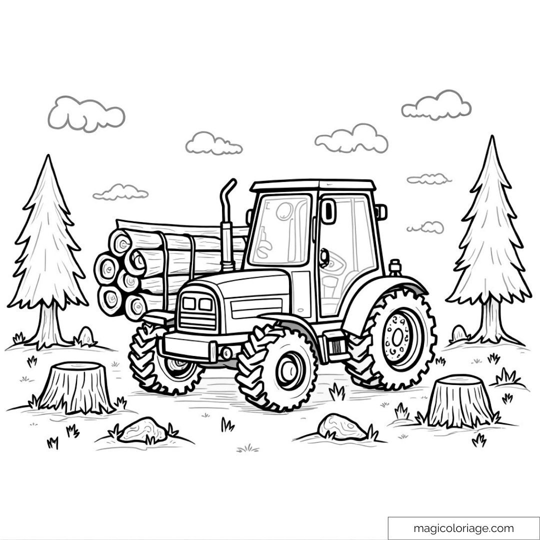 Dessin d'un tracteur avec bûches en forêt pour coloriage.