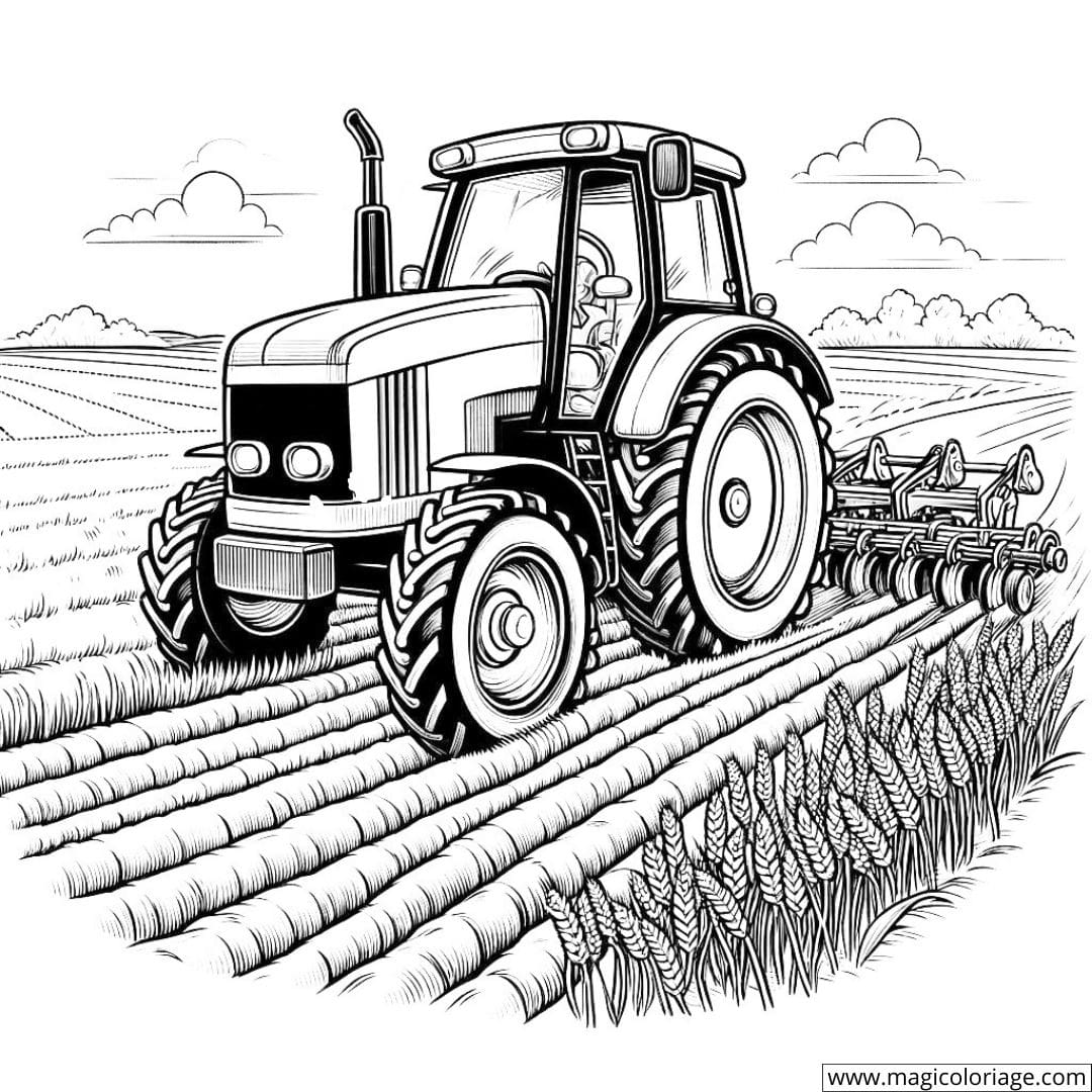 Coloriage d'un tracteur labourant un champ de blé