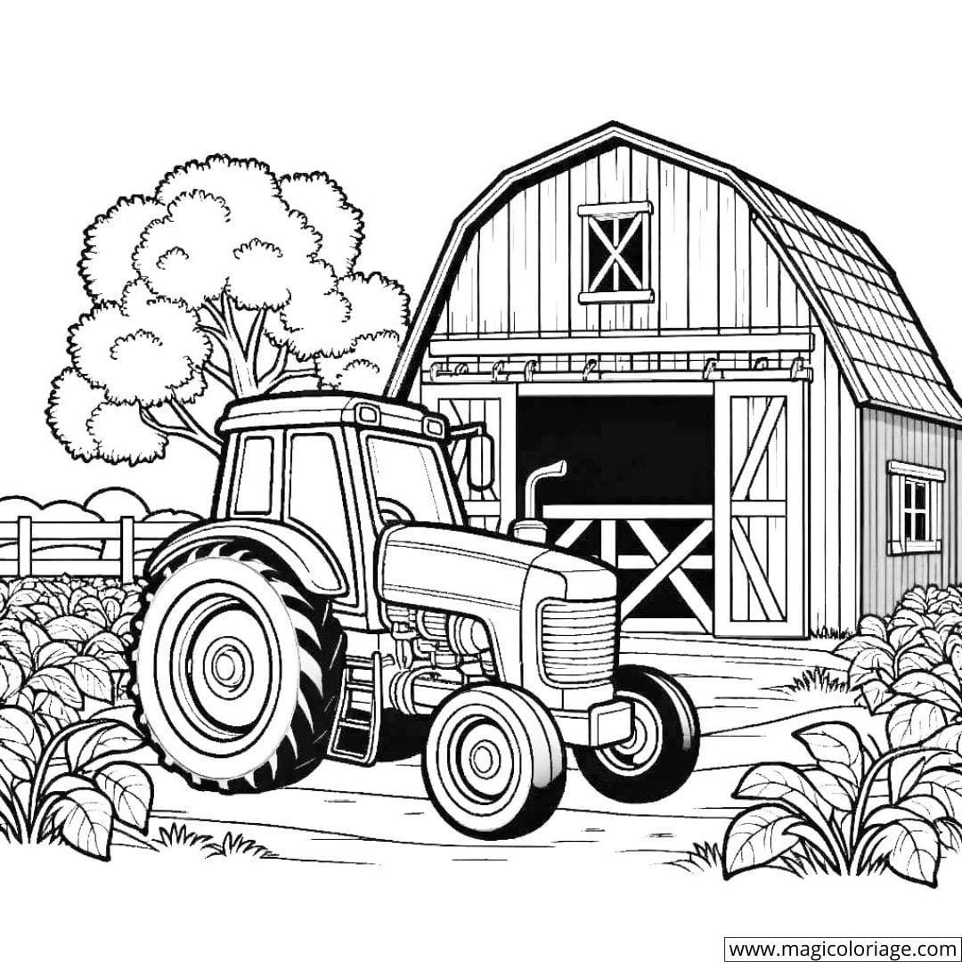 Coloriage d'un tracteur près d'une grange