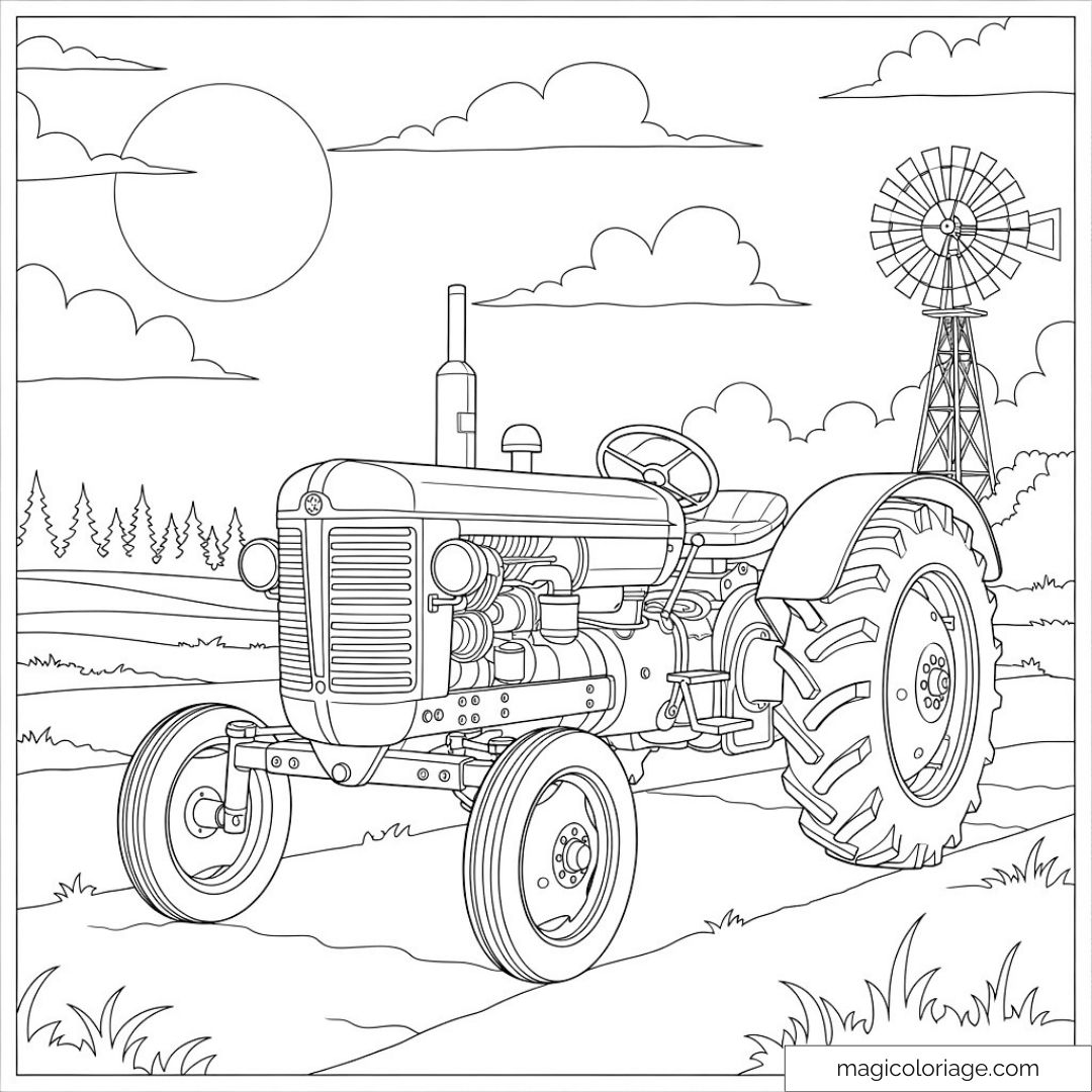 Coloriage tracteur rétro devant éolienne à l'aube.