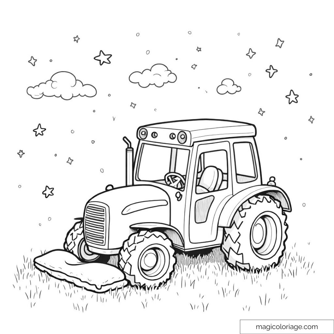 Dessin d’un tracteur dans un champ avec étoiles et nuages