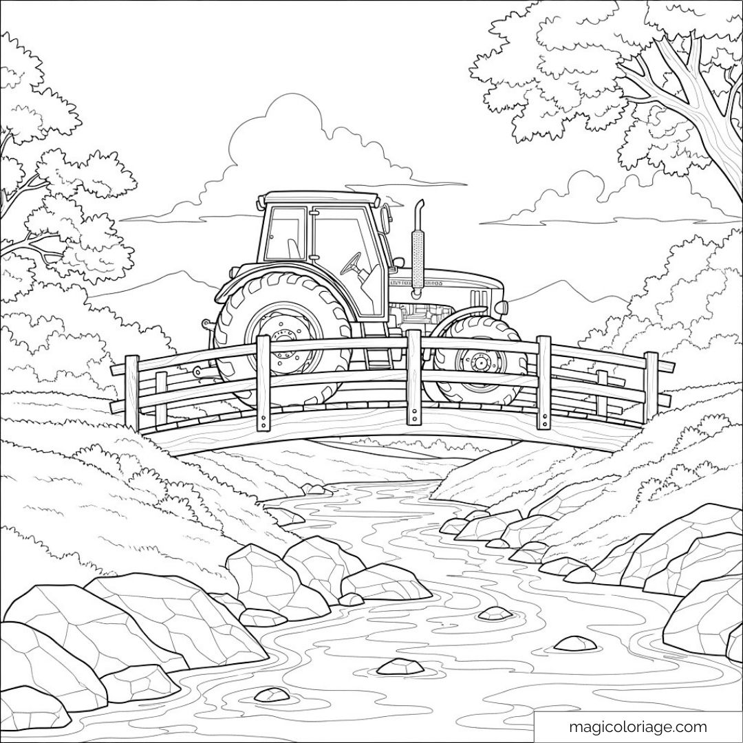 Dessin de tracteur sur un pont au-dessus d'une rivière.
