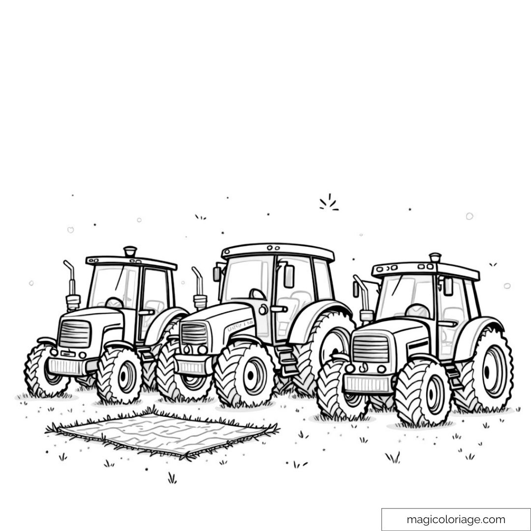 Trois tracteurs prêts à colorier avec des détails agricoles captivants.
