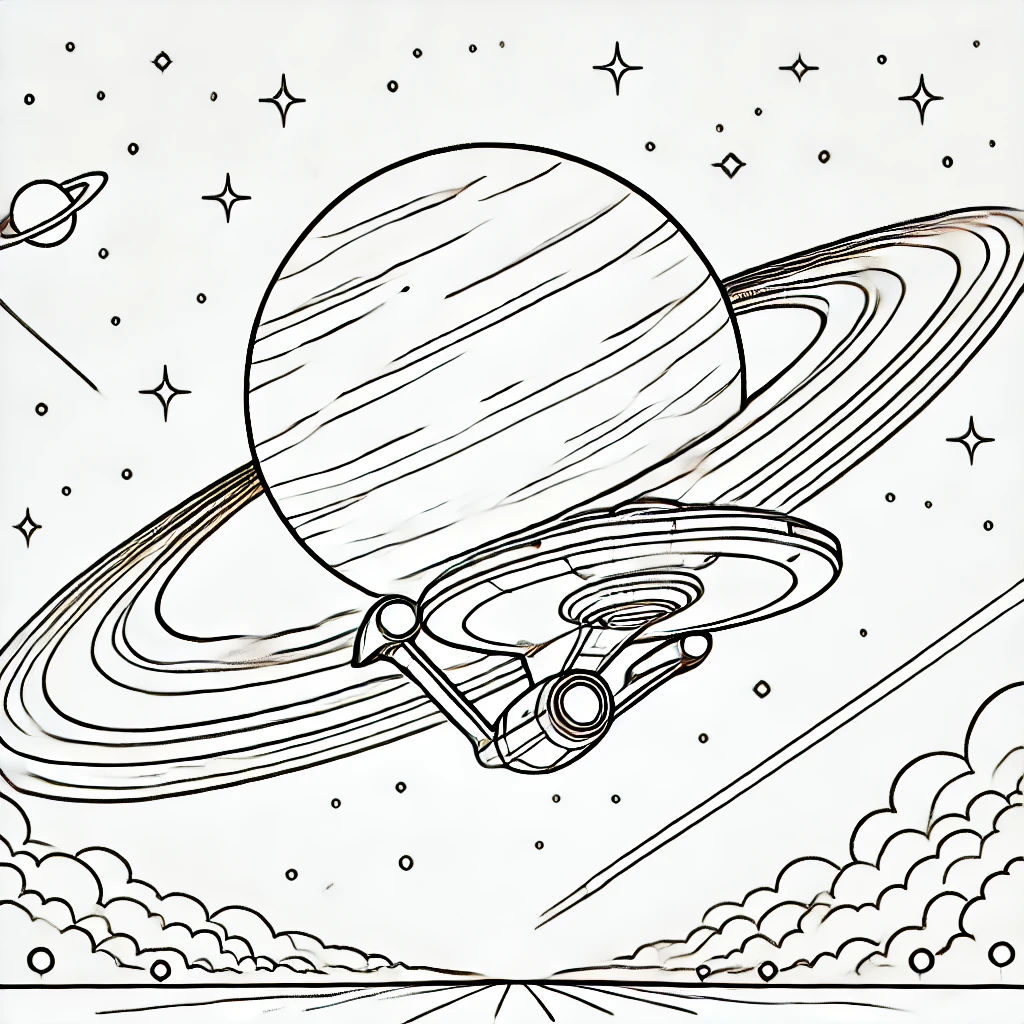 Un vaisseau spatial explore une belle planète avec Saturne et des étoiles scintillantes.