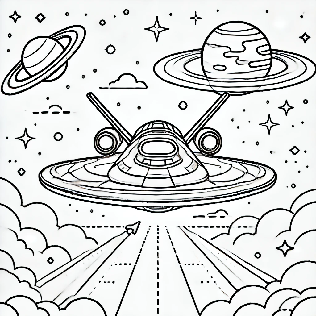 Dessin d'un vaisseau spatial avec des planètes en arrière-plan. Parfait pour les enfants!