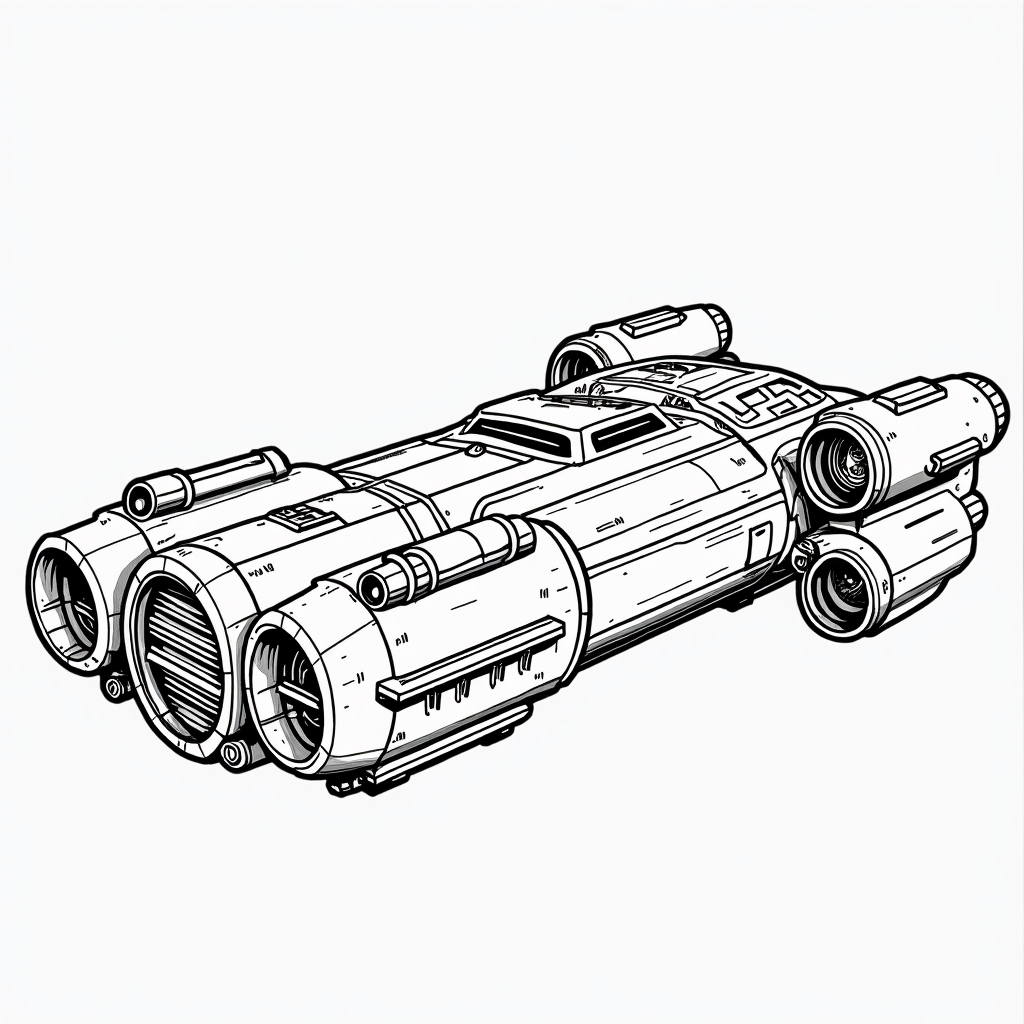 Dessin d'un vaisseau spatial futuriste avec plusieurs moteurs et détails technologiques.