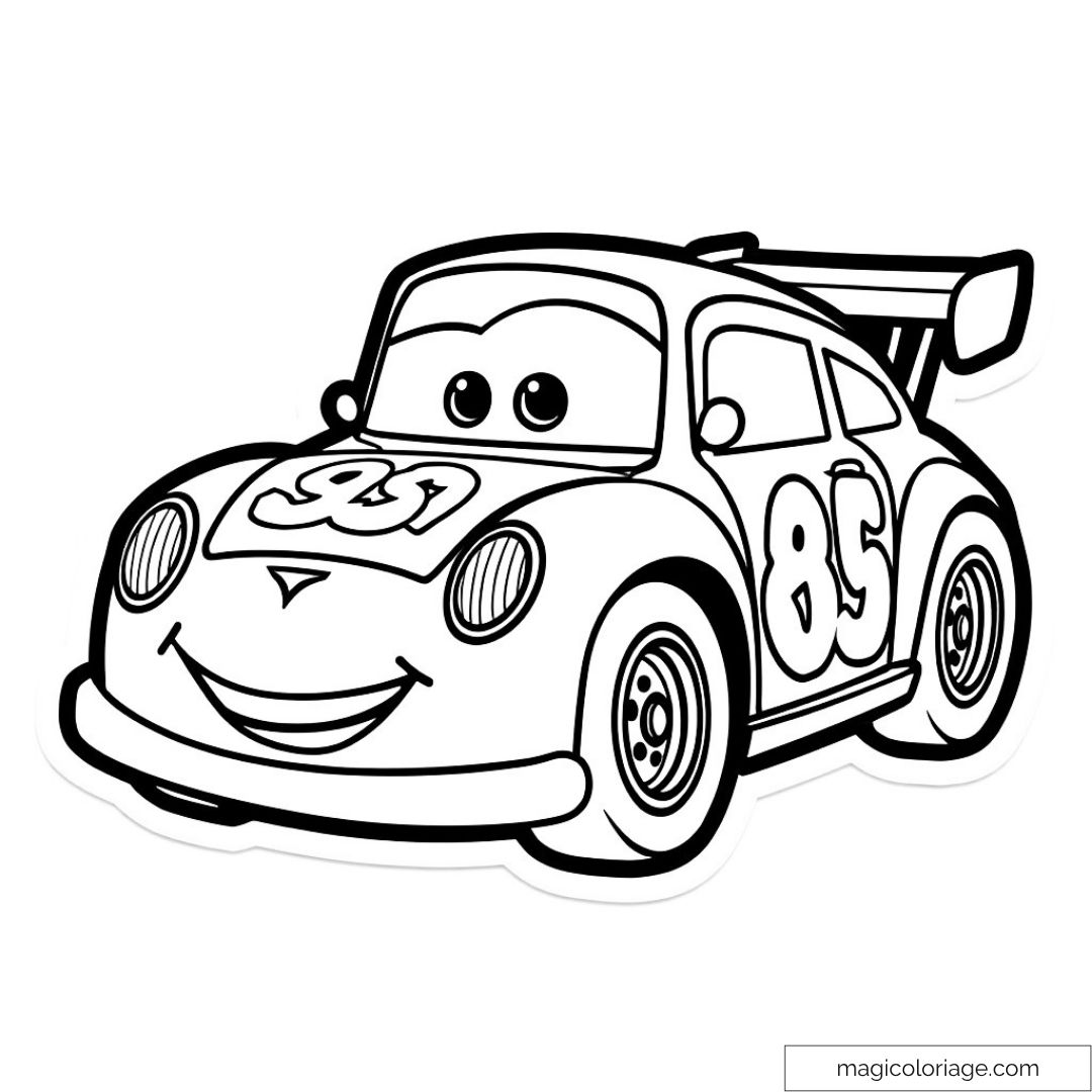 Dessin de voiture souriante avec yeux expressifs et numéro pour colorier