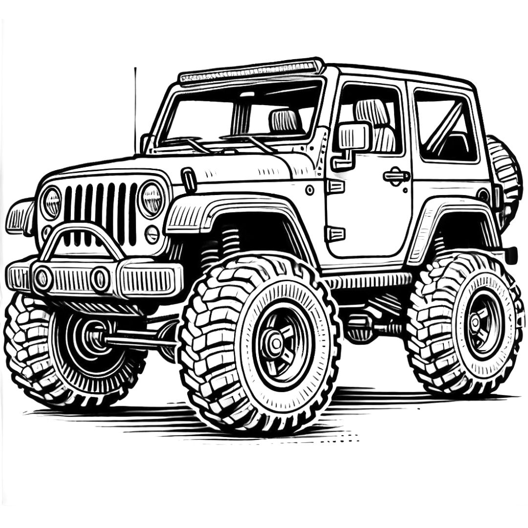 Dessin à colorier de Jeep tout-terrain, avec de grandes roues et une apparence robuste, à imprimer pour les enfants.