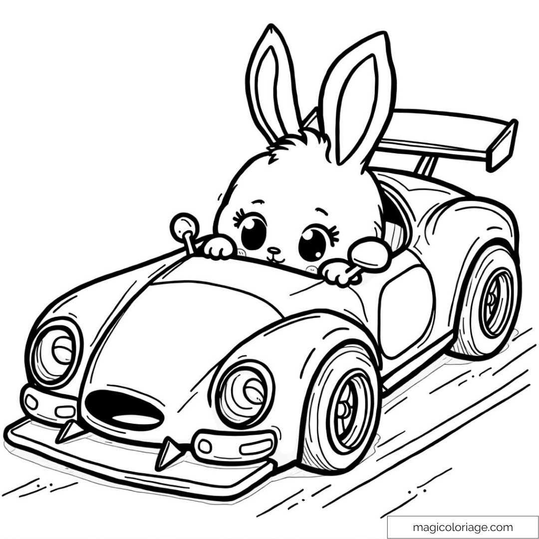 Lapin mignon conduisant une voiture de course