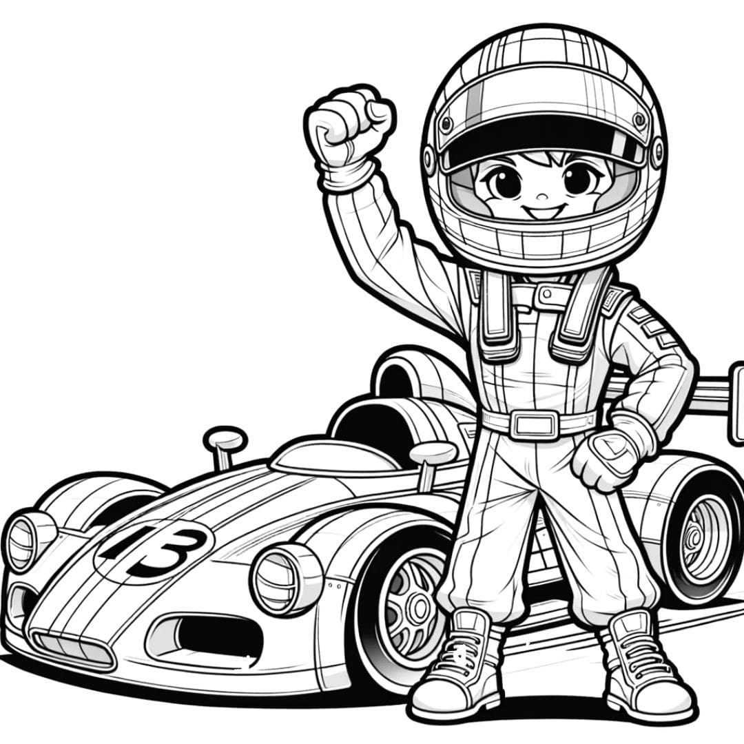 Coloriage d'un pilote de course héroïque pour enfants