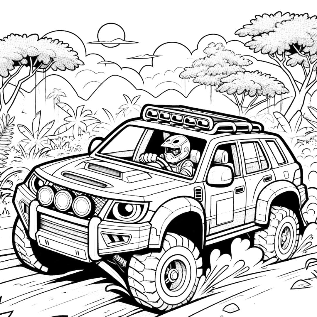 Coloriage de rallye dans la jungle pour enfants