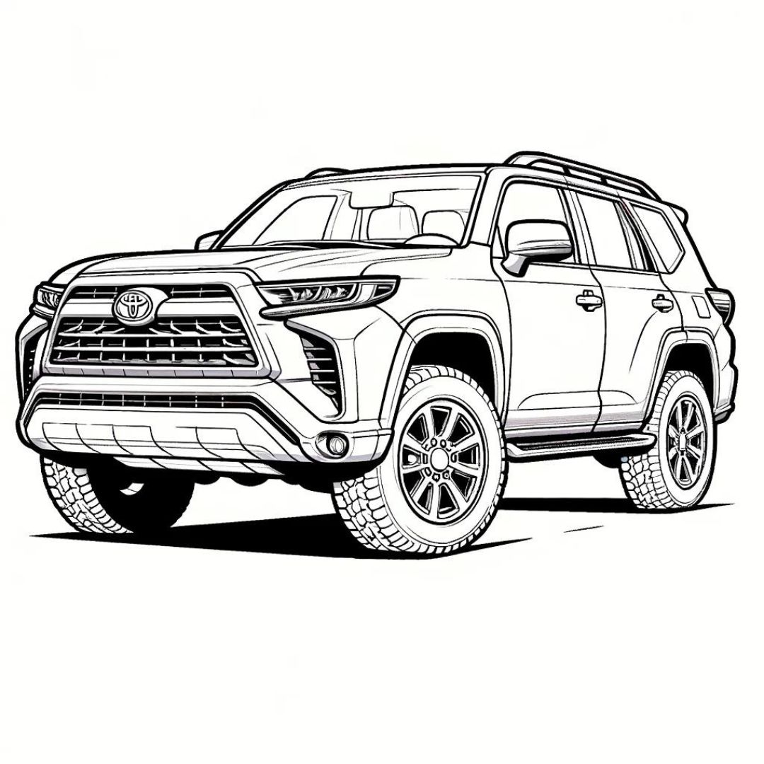 Dessin de SUV à imprimer et colorier, avec un design rappelant un Toyota familial, parfait pour les petits aventuriers.