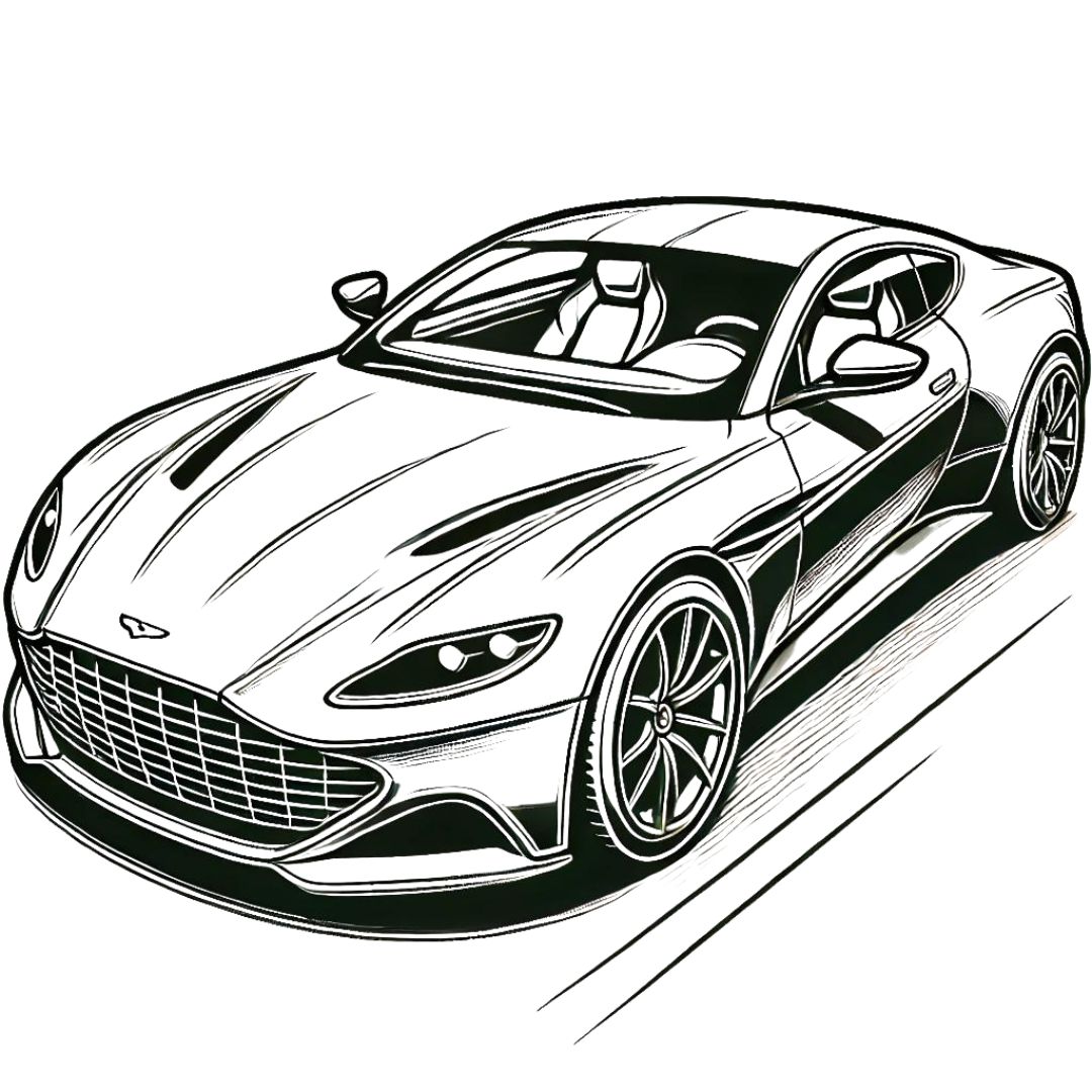Dessin à colorier d'une Aston Martin, une voiture de sport de luxe à imprimer pour les jeunes fans de belles voitures.