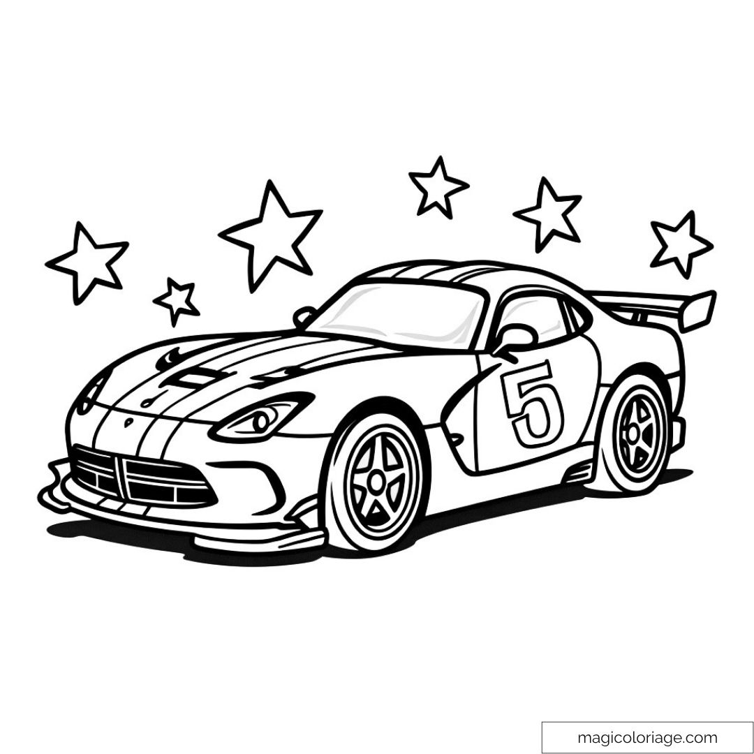 Voiture de course entourée d'étoiles à colorier