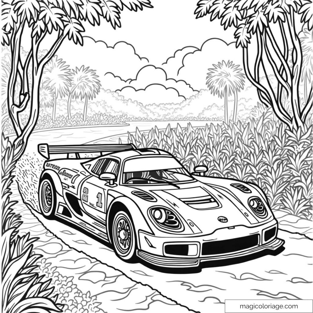 Voiture de course rapide parmi les arbres tropicaux