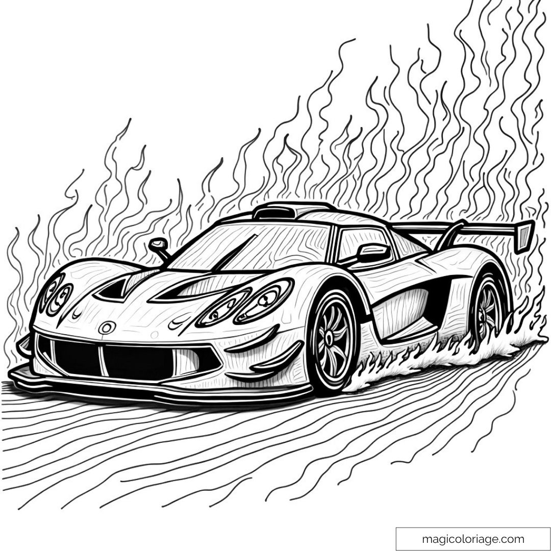 Dessin de voiture de course en flammes