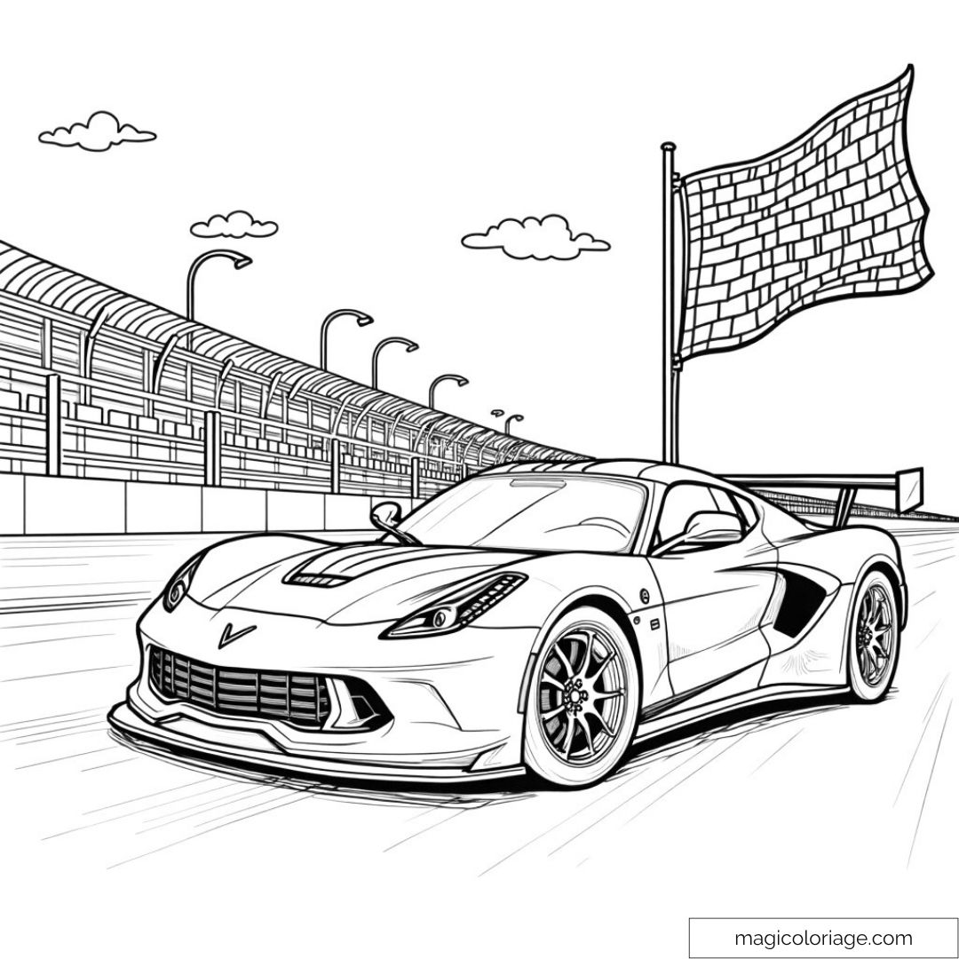 Coloriage voiture de course sur circuit avec drapeau à damier