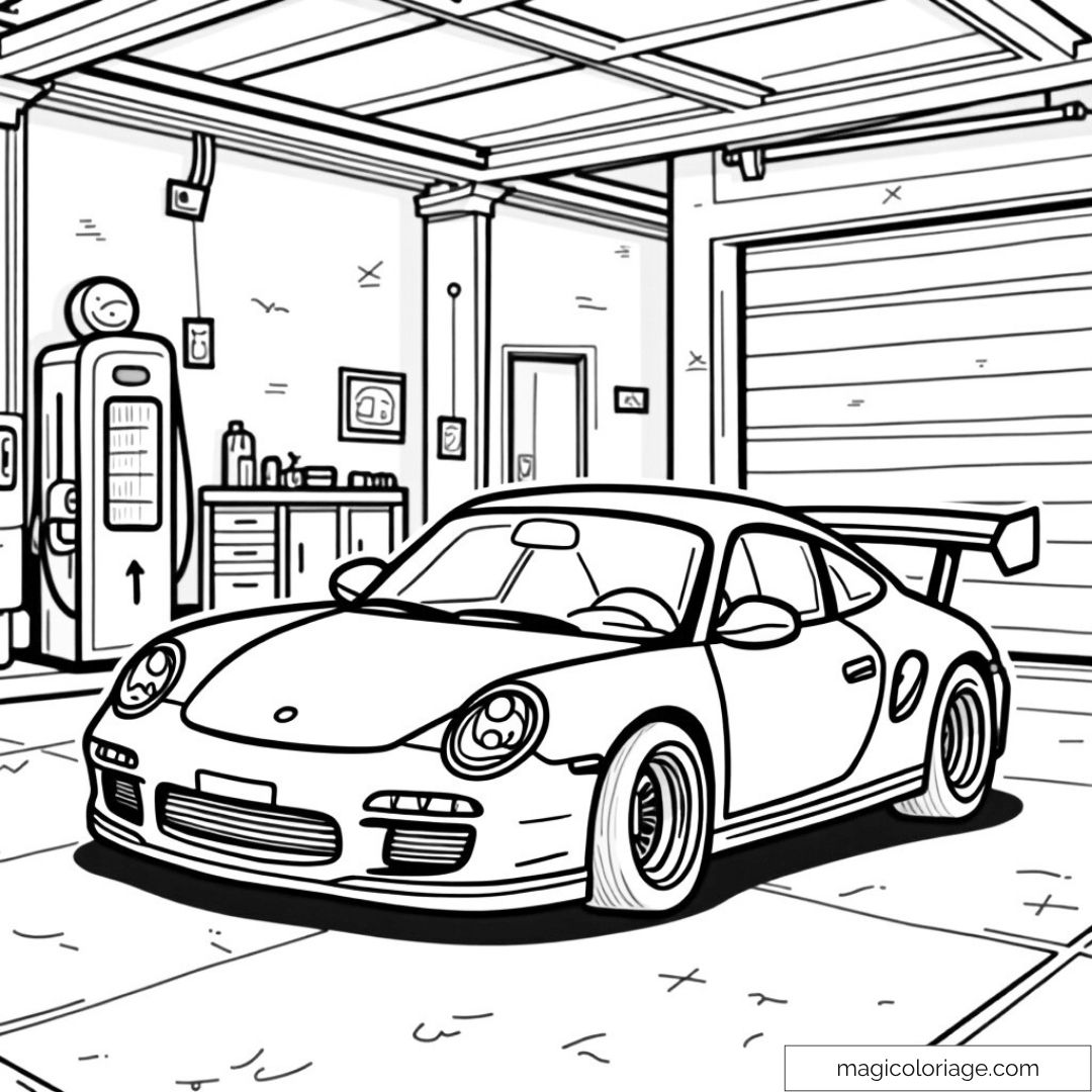 Dessin d'une voiture de sport dans un garage avec pompe à essence rétro.