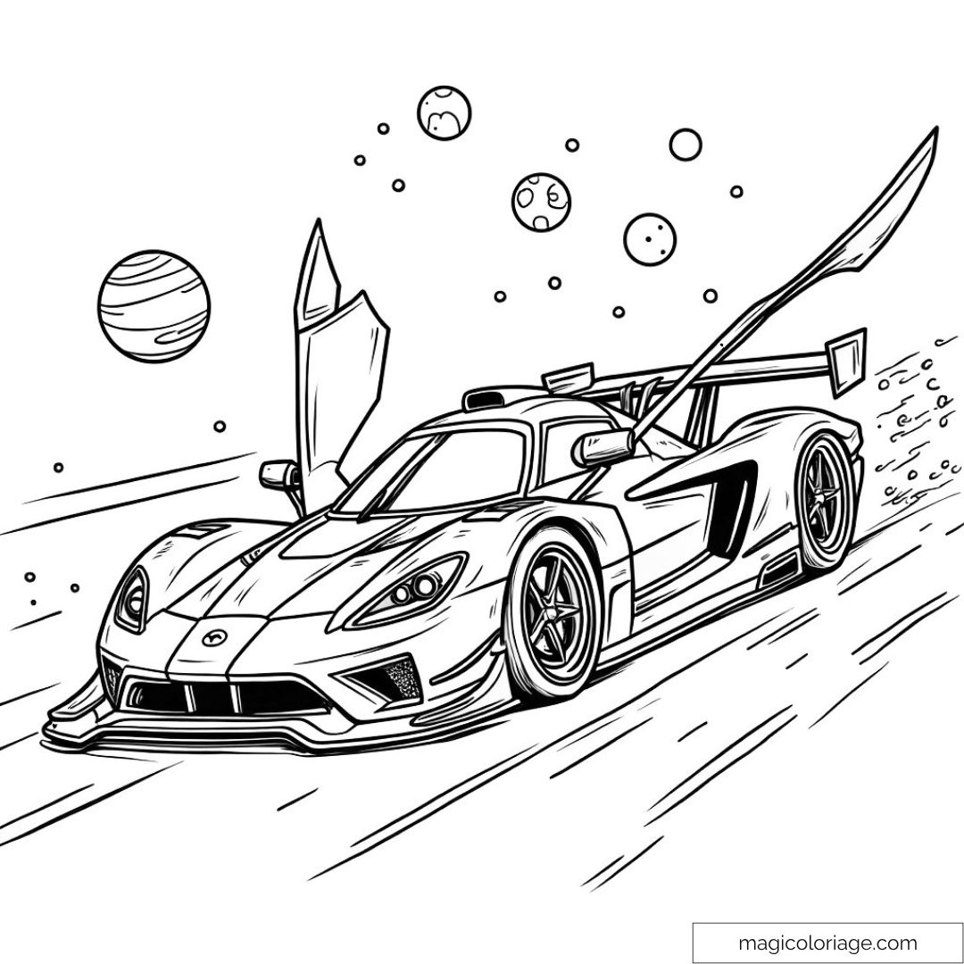 Voiture de sport avec ailes dans l'espace