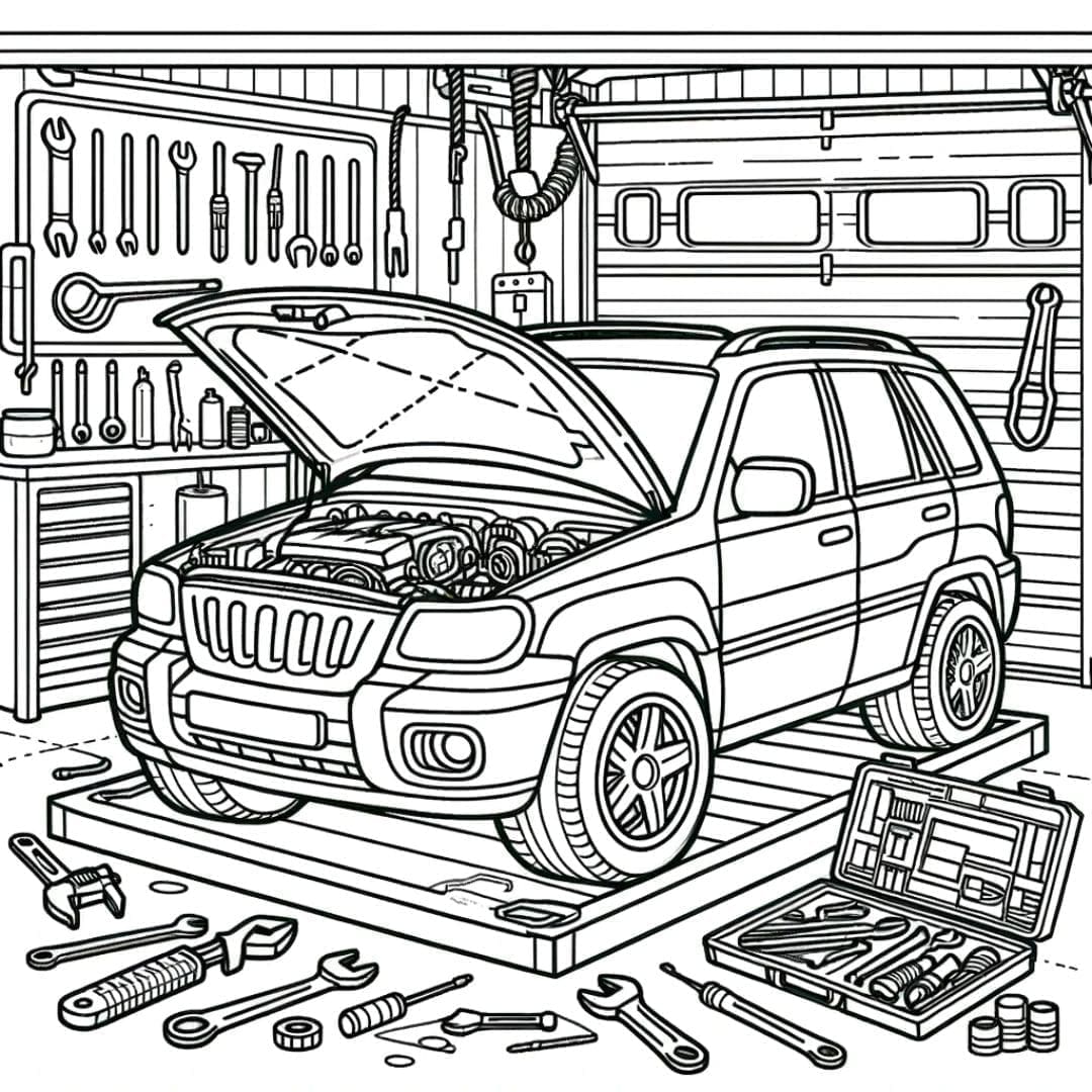 Dessin à colorier Voiture dans un garage bricolant