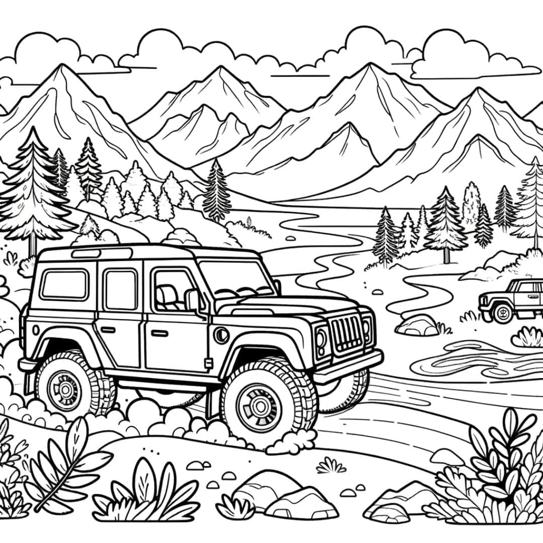 Dessin à colorier Voiture explorant la nature