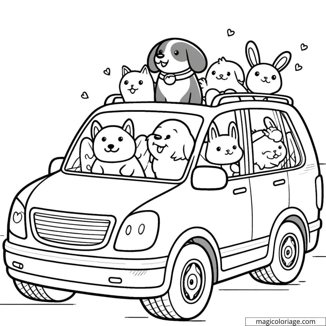 Voiture avec animaux en covoiturage à colorier
