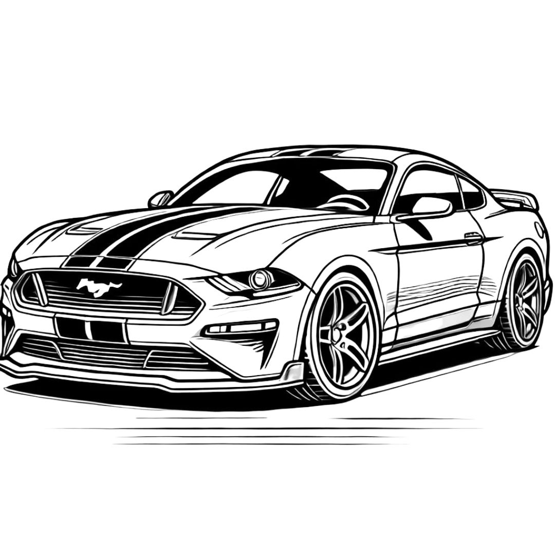 Dessin à colorier de voiture Ford Mustang, à imprimer pour les enfants qui aiment les voitures de sport musclées.