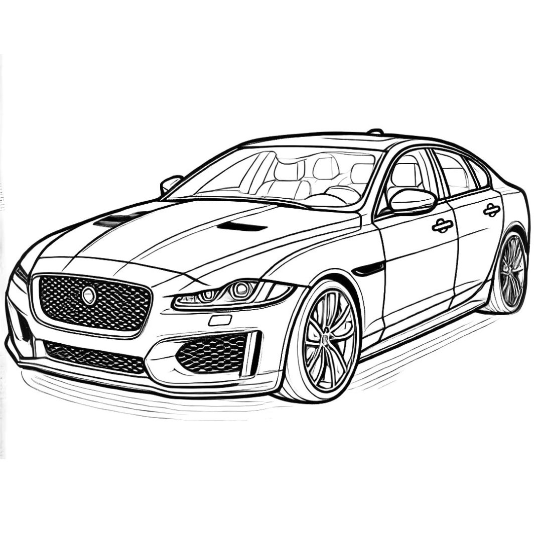 Coloriage à imprimer d'une voiture Jaguar, idéale pour les jeunes passionnés de voitures de sport de luxe.