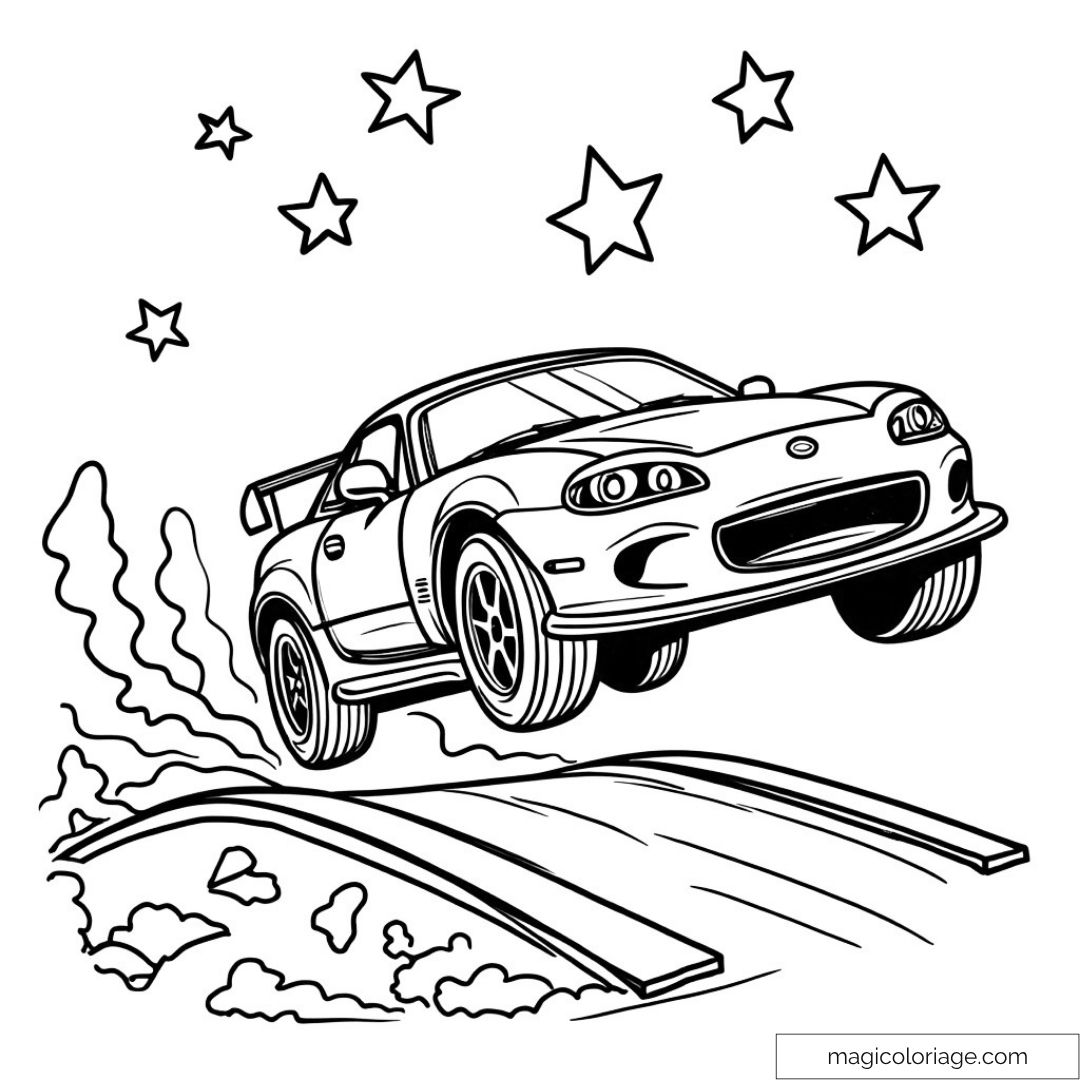 Voiture sportive sautant avec étoiles et nuages