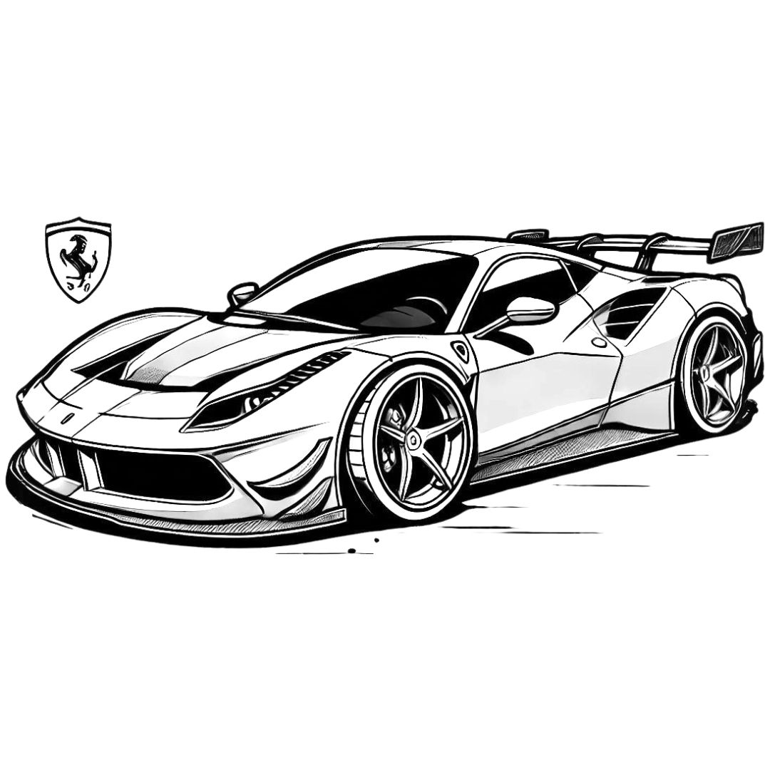 Coloriage à imprimer d'une voiture sportive ressemblant à une Ferrari, parfait pour les amateurs de voitures.