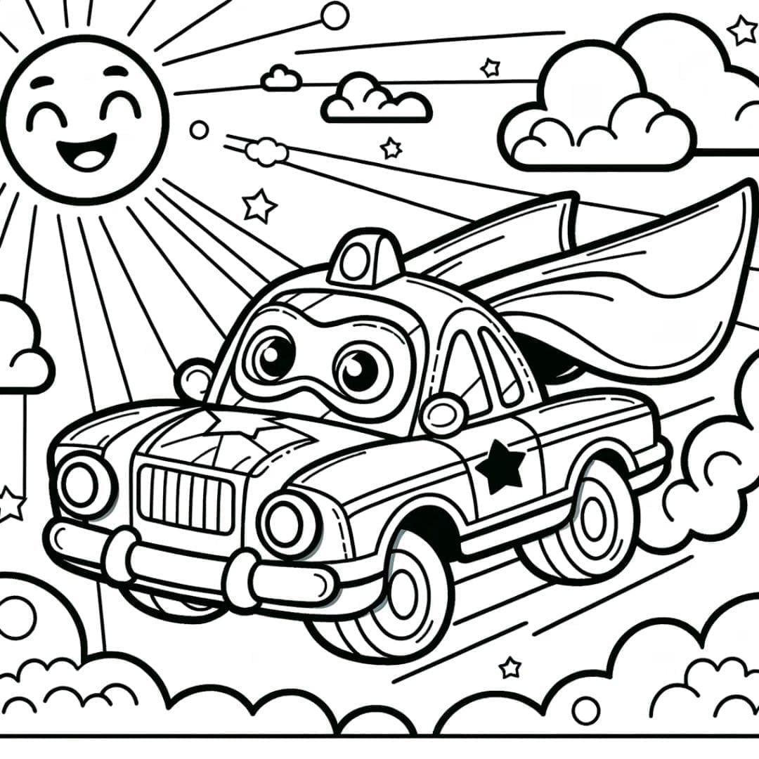 Dessin à colorier Voiture super-héros volante dans le ciel