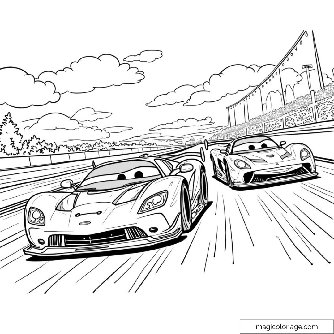 Voitures de course amusantes en compétition sur un circuit.